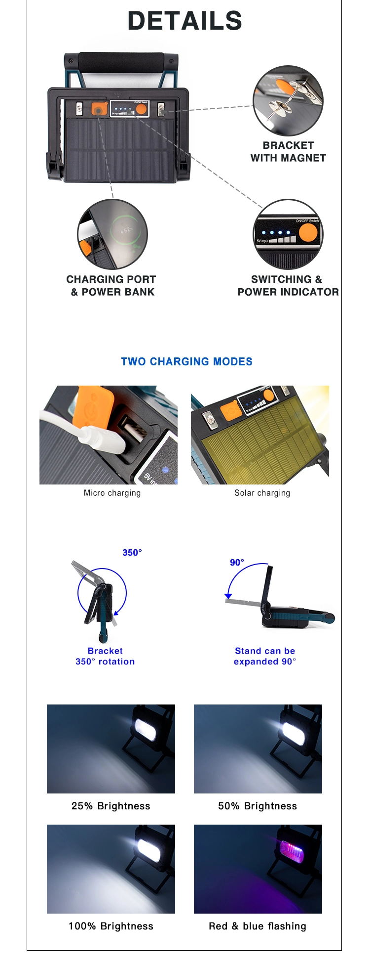 Portable Micro USB Rechargeable Solar Power Magnetic Flood Light Car LED Work Light with Power Bank